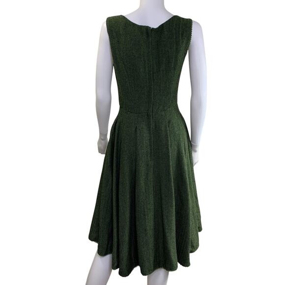 Modcloth x Collectif Dress Size XS US 4 UK8 Herringbone Fit Flare Green Pockets - Picture 3 of 10